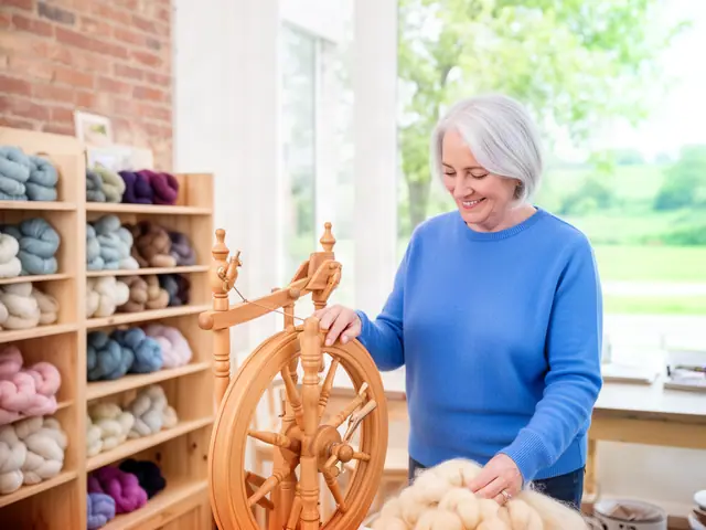 A yarn-shop owner with her hand on a new wooden spinning wheel beside cubbies of wool skeins.