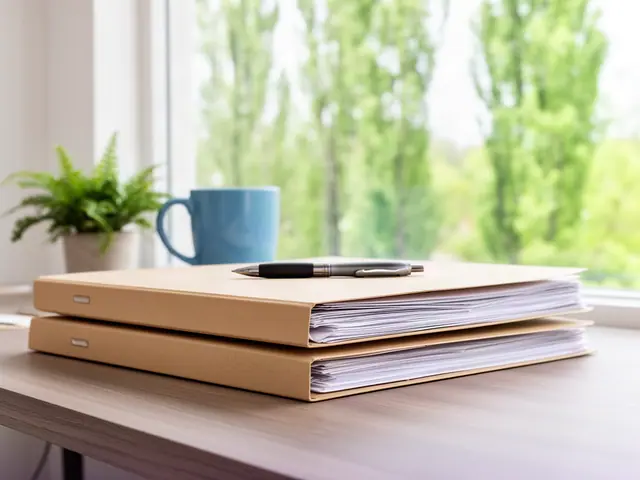 A neat stack of closed manila folders and a pen on a desk by a window.