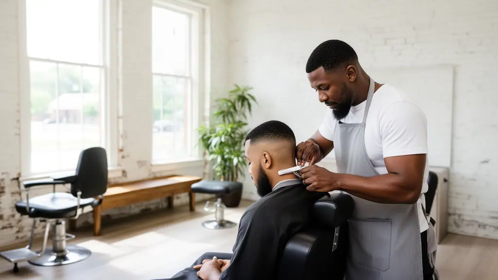 A barber carefully shaping a seated client's neckline with a straight razor in a bright brick-walled barber shop.