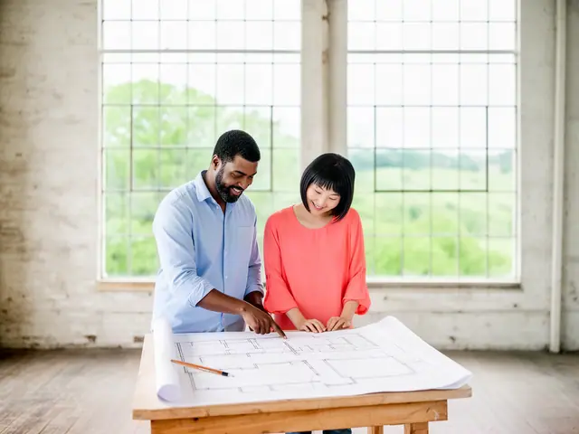 Two business partners looking over a pencil floor sketch in an empty storefront.