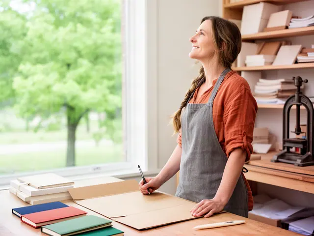 A bookbinder in a gray apron at her worktable with cloth-bound blank notebooks and a cast-iron press.